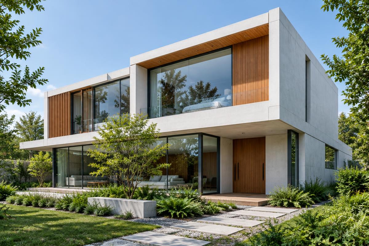 Modernes Haus mit Glasfront und begrüntem Garten – fiktive Architektur-Beispielseite
